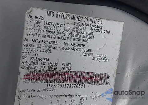 2002 Ford Taurus Ses from USA, damaged, VIN 1FAFP55S52A270521